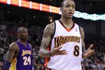 OAKLAND, CA - MARCH 15:  Monta Ellis #8 of the Golden State Warriors reacts to a call during action against the Los Angeles Lakers during an NBA game at Oracle Arena on March 15, 2010 in Oakland, California. NOTE TO USER: User expressly acknowledges and agrees that, by downloading and/or using this Photograph, user is consenting to the terms and conditions of the Getty Images License Agreement.  (Photo by Jed Jacobsohn/Getty Images)