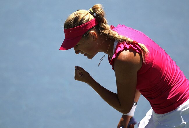 STANFORD, CA - JULY 31:  Victoria Azarenka of Belarus celebrates after winning a point against Samantha Stosur of Australia during the semifinals of the Bank of the West Classic at Stanford University on July 31, 2010 in Stanford, California. Azarenka defeated Stosur 6-2, 6-3.  (Photo by Jed Jacobsohn/Getty Images)