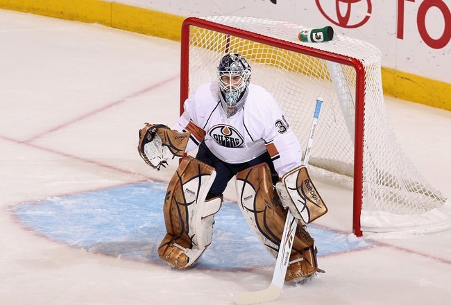 GLENDALE, AZ - APRIL 03:  Goaltender Jeff Deslauriers #38 of the Edmonton Oilers iin action during the NHL game against the Phoenix Coyotes at Jobing.com Arena on April 3, 2010 in Glendale, Arizona.  The Coyotes defeated the Oilers 3-2 in an overtime shootout.  (Photo by Christian Petersen/Getty Images)
