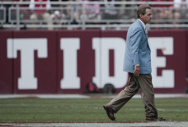 TUSCALOOSA, AL - APRIL 17: Coach Nick Saban of the Alabama Crimson Tide reacts during the Alabama spring game at Bryant Denny Stadium on April 17, 2010 in Tuscaloosa, Alabama. (Photo by Dave Martin/Getty Images)