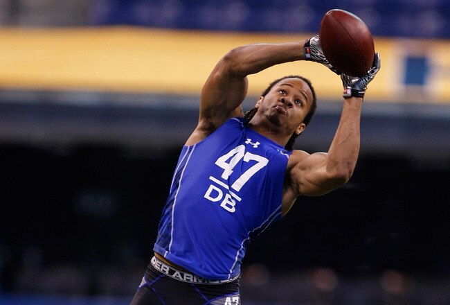 INDIANAPOLIS, IN - MARCH 2: Defensive back Earl Thomas of Texas jumps in the air to catch the football in drills during the NFL Scouting Combine presented by Under Armour at Lucas Oil Stadium on March 2, 2010 in Indianapolis, Indiana. (Photo by Scott Boehm/Getty Images)