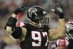 ATLANTA - SEPTEMBER 17:  Defensive end Patrick Kerney #97 of the Atlanta Falcons expresses himself against the Tampa Bay Buccaneers during their game on September 17, 2006 at the Georgia Dome in Atlanta, Georgia. The Falcons defeated the Bucs 14-3. (Photo By Streeter Lecka/Getty Images)