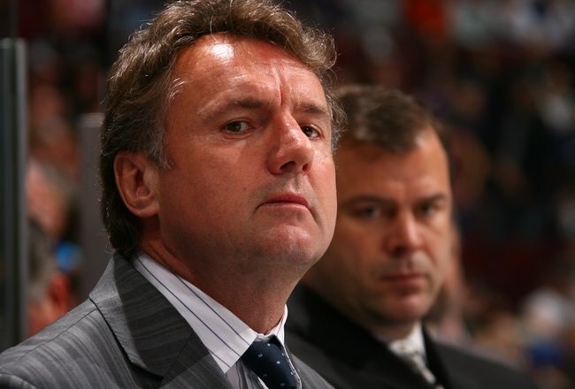 VANCOUVER, BC - MAY 1:  Assistant coach Rick Bowness of the Vancouver Canucks looks on against the Anaheim Ducks in Game Four of the 2007 Western Conference Semifinals at General Motors Place on May 1, 2007 in Vancouver, British Columbia, Canada. The Ducks won 3-2 in overtime. (Photo by Jeff Vinnick/Getty Images)