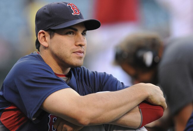 ANAHEIM, CA - OCTOBER 09:  Jacoby Ellsbury  #46 of the Boston Red Sox looks on during batting practicew before Game Two of the ALDS against the  Los Angeles Angels of Anaheim  during the 2009 MLB Playoffs at Angel Stadium on October 9, 2009 in Anaheim, California.  (Photo by Lisa Blumenfeld/Getty Images)