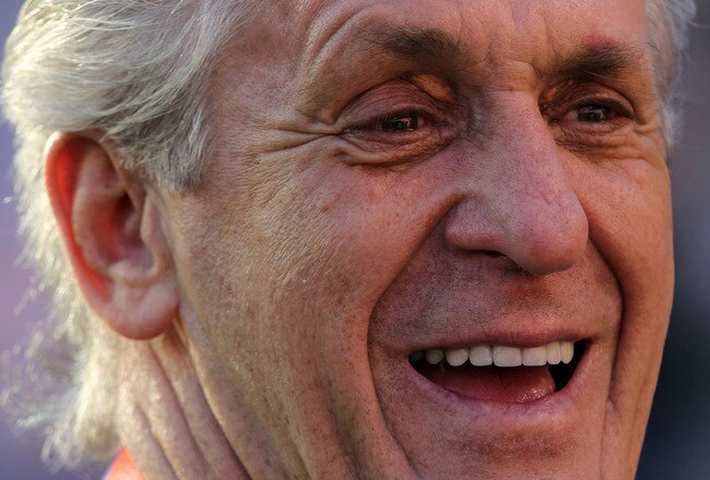 MIAMI GARDENS, FL - FEBRUARY 07:  Miami Heat Team President Pat Riley watches on the sideline prior to the start of Super Bowl XLIV between the Indianapolis Colts and the New Orleans Saints on February 7, 2010 at Sun Life Stadium in Miami Gardens, Florida.  (Photo by Ronald Martinez/Getty Images)