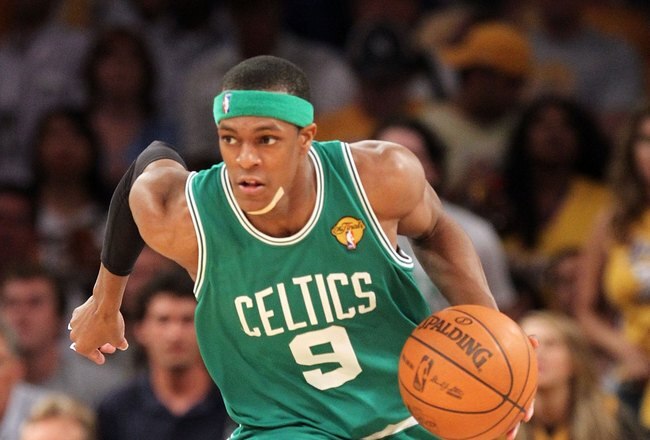 LOS ANGELES, CA - JUNE 17:  Rajon Rondo #9 of the Boston Celtics moves the ball while taking on the Los Angeles Lakers in Game Seven of the 2010 NBA Finals at Staples Center on June 17, 2010 in Los Angeles, California.  NOTE TO USER: User expressly acknowledges and agrees that, by downloading and/or using this Photograph, user is consenting to the terms and conditions of the Getty Images License Agreement.  (Photo by Ronald Martinez/Getty Images)