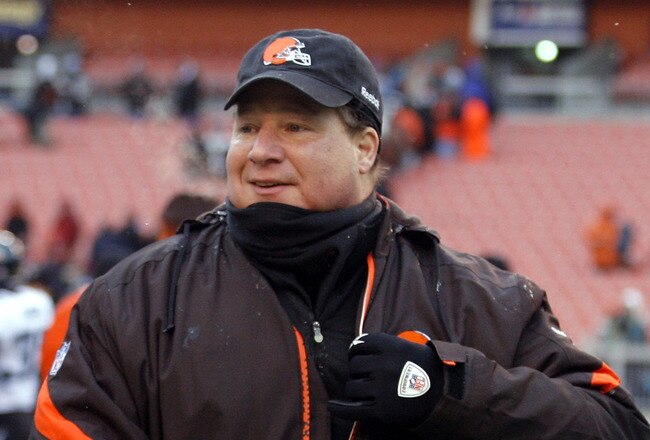 CLEVELAND - JANUARY 03:  Eric Mangini head coach of the Cleveland Browns leaves the field after defeating the Jacksonville Jaguars at Cleveland Browns Stadium on January 3, 2010 in Cleveland, Ohio.  (Photo by Matt Sullivan/Getty Images)