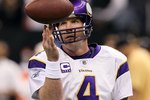 NEW ORLEANS - JANUARY 24:  Brett Favre #4 of the Minnesota Vikings warms up against the New Orleans Saints during the NFC Championship Game at the Louisiana Superdome on January 24, 2010 in New Orleans, Louisiana. The Saints won 31-28 in overtime.  (Photo by Jed Jacobsohn/Getty Images)