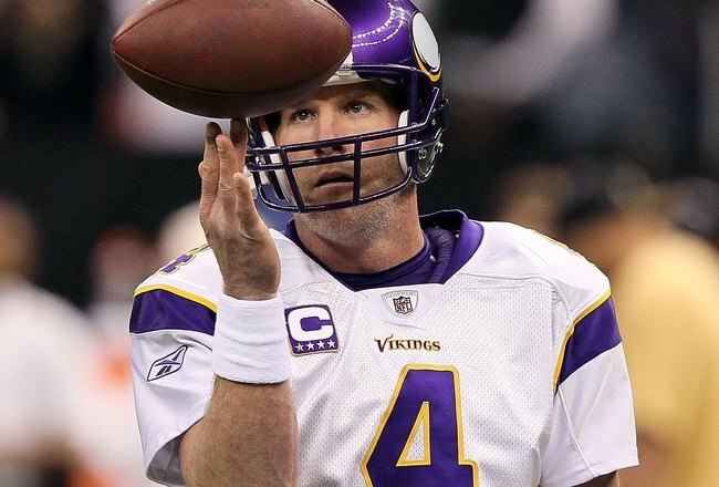 NEW ORLEANS - JANUARY 24:  Brett Favre #4 of the Minnesota Vikings warms up against the New Orleans Saints during the NFC Championship Game at the Louisiana Superdome on January 24, 2010 in New Orleans, Louisiana. The Saints won 31-28 in overtime.  (Photo by Jed Jacobsohn/Getty Images)