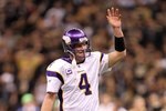 NEW ORLEANS - JANUARY 24:  Quarterback Brett Favre #4 of the Minnesota Vikings waves on the field against the New Orleans Saints during the NFC Championship Game at the Louisiana Superdome on January 24, 2010 in New Orleans, Louisiana. The Saints won 31-28 in overtime. (Photo by Ronald Martinez/Getty Images)