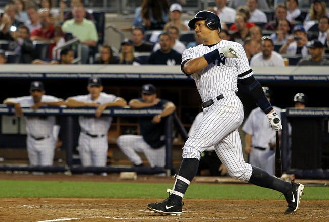NEW YORK - AUGUST 02:  Alex Rodriguez #13 of the New York Yankees strikes out in the 3rd inning against the Toronto Blue Jays on August 2, 2010 at Yankee Stadium in the Bronx borough of New York City.  (Photo by Michael Heiman/Getty Images)