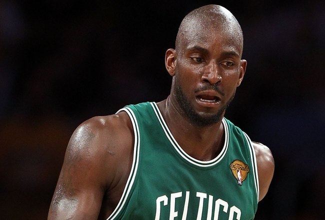 LOS ANGELES, CA - JUNE 17:  Kevin Garnett #5 of the Boston Celtics reacts while taking on the Los Angeles Lakers in Game Seven of the 2010 NBA Finals at Staples Center on June 17, 2010 in Los Angeles, California.  NOTE TO USER: User expressly acknowledges and agrees that, by downloading and/or using this Photograph, user is consenting to the terms and conditions of the Getty Images License Agreement.  (Photo by Christian Petersen/Getty Images)