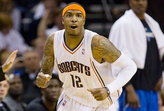 CHARLOTTE, NC - APRIL 26: Tyrus Thomas #12 of the Charlotte Bobcats reacts after making a basket against the Orlando Magic at Time Warner Cable Arena on April 26, 2010 in Charlotte, North Carolina.  The Magic defeated the Bobcats 99-90 to complete the four game sweep.  NOTE TO USER: User expressly acknowledges and agrees that, by downloading and or using this Photograph, user is consenting to the terms and conditions of the Getty Images License Agreement.   (Photo by Brian A. Westerholt/Getty Images)