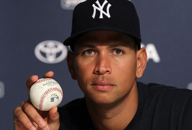 NEW YORK - AUGUST 04:  Alex Rodriguez #13 of the New York Yankees holds the ball he used to hit his 600th career home run. Rodriguez hit a first inning two run home run against pitcher Shaun Marcum of the Toronto Blue Jays on August 4, 2010 at Yankee Stadium in the Bronx borough of New York City.  (Photo by Jim McIsaac/Getty Images)