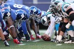 EAST RUTHERFORD, NJ - DECEMBER 27:  The New York Giants defense lines up against the Carolina Panthers offense at Giants Stadium on December 27, 2009 in East Rutherford, New Jersey.  (Photo by Nick Laham/Getty Images)