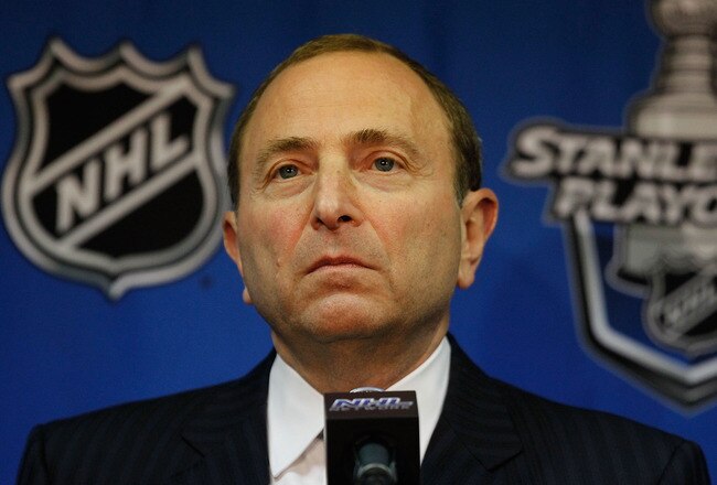 CHICAGO - MAY 03: Commissioner Gary Bettman of the National Hockey League speaks at a press conference before the Chicago Blackhawks take on the Vancouver Canucks in Game Two of the Western Conference Semifinals during the 2010 NHL Stanley Cup Playoffs at United Center on May 3, 2010 in Chicago, Illinois. (Photo by Jonathan Daniel/Getty Images)