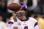 NEW ORLEANS - JANUARY 24:  Brett Favre #4 of the Minnesota Vikings warms up against the New Orleans Saints during the NFC Championship Game at the Louisiana Superdome on January 24, 2010 in New Orleans, Louisiana. The Saints won 31-28 in overtime.  (Photo by Jed Jacobsohn/Getty Images)