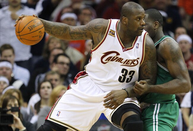 CLEVELAND - MAY 11: Shaquille O'Neal #33 of the Cleveland Cavaliers tries to get around the defense of Kendrick Perkins #43 of the  Boston Celtics in Game Five of the Eastern Conference Semifinals during the 2010 NBA Playoffs at Quicken Loans Arena on May 11, 2010 in Cleveland, Ohio.  NOTE TO USER: User expressly acknowledges and agrees that, by downloading and or using this photograph, User is consenting to the terms and conditions of the Getty Images License Agreement.  (Photo by Gregory Shamus/Getty Images)