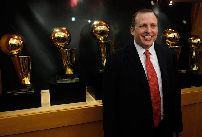 DEERFIELD, IL - JUNE 23: Tom Thibodeau, the new head coach of the Chicago Bulls, poses in front of the Bulls Championship trophies following a press conference at the Berto Center practice facility on June 23, 2010 in Deerfield, Illinois. NOTE TO USER: User expressly acknowledges and agrees that, by downloading and/or using this Photograph, User is consenting to the terms and conditions of the Getty Images License Agreement. (Photo by Jonathan Daniel/Getty Images)
