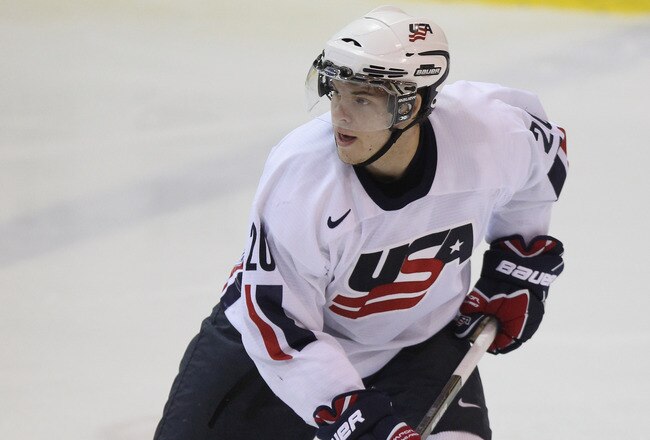LAKE PLACID, NY - AUGUST 03:  Jeremy Morin #20 of Team USA skates against Team Sweden at the USA Hockey National Evaluation Camp on August 3, 2010 in Lake Placid, New York. Team USA defeated Team Sweden 6-3.  (Photo by Bruce Bennett/Getty Images)