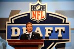 NEW YORK - APRIL 22:  NFL Commissioner Roger Goodell speaks at the podium on stage during the first round of the 2010 NFL Draft at Radio City Music Hall on April 22, 2010 in New York City.  (Photo by Jeff Zelevansky/Getty Images)