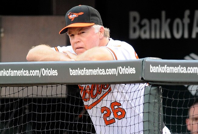 BALTIMORE - AUGUST 03:  Manager Buck Showalter of the Baltimore Orioles watches the game against the Los Angeles Angels of Anaheim at Camden Yards on August 3, 2010 in Baltimore, Maryland.  (Photo by Greg Fiume/Getty Images)