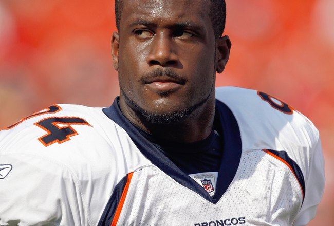 KANSAS CITY - SEPTEMBER 28:  Jarvis Moss #94 of the Denver Broncos looks on the field before the game against the Kansas City Chiefs on September 28, 2008 at Arrowhead Stadium in Kansas City, Missouri. The Chiefs defeated the Broncos 33-19.  (Photo by: Jamie Squire/Getty Images)