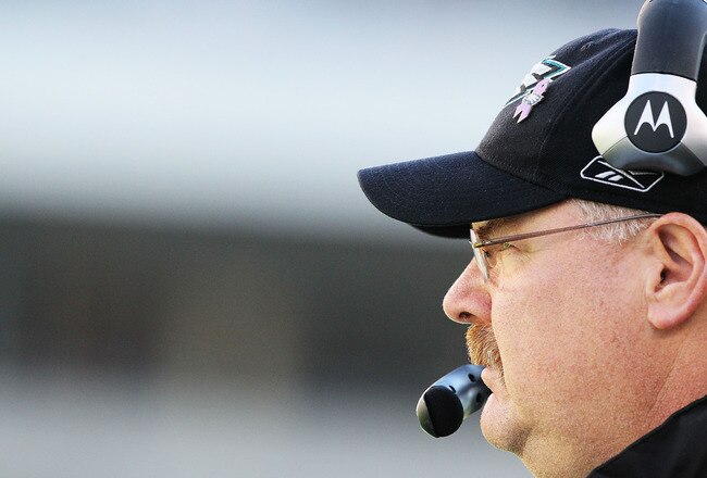 PHILADELPHIA - NOVEMBER 29:  Head coach Andy Reid of the Philadelphia Eagles looks on against the Washington Redskins during their game at Lincoln Financial Field on November 29, 2009 in Philadelphia, Pennsylvania.  (Photo by Al Bello/Getty Images)