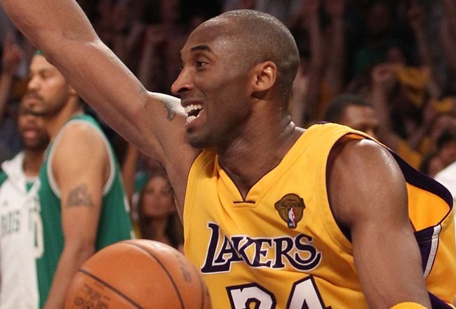 LOS ANGELES, CA - JUNE 17:  Kobe Bryant #24 of the Los Angeles Lakers celebrates as the Lakers defeat the Boston Celtics in Game Seven of the 2010 NBA Finals at Staples Center on June 17, 2010 in Los Angeles, California.  NOTE TO USER: User expressly acknowledges and agrees that, by downloading and/or using this Photograph, user is consenting to the terms and conditions of the Getty Images License Agreement.  (Photo by Christian Petersen/Getty Images)