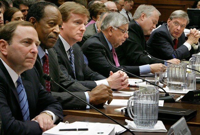 WASHINGTON - FEBRUARY 27: (L-R) National Hockey League Commissioner Gary Bettman, National Football League Players Association Executive Director Gene Upshaw, National Football League Commissioner Roger Goodell, National Basketball Association Commissioner David Stern, Major League Baseball Player Association Executive Director Donald Fehr and Major League Baseball Commissioner Bud Selig testify before the US House Subcommittee on Commerce, Trade and Consumer Protection about the use of illegal performance-enhancing drugs in professional sports on Captiol Hill February 27, 2008 in Washington, DC. The subcommittee also heard testimony from officials from the U.S. Olympic Committee, National Thoroughbred Racing and the US Anti-Doping Agency.  (Photo by Chip Somodevilla/Getty Images)