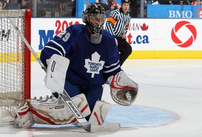 TORONTO - MARCH 7:  Martin Gerber #29 of the Toronto Maple Leafs defends the net against the Edmonton Oilers during the game at Air Canada Centre on March 7, 2009 in Toronto, Ontario, Canada. (Photo by Dave Sandford/Getty Images)