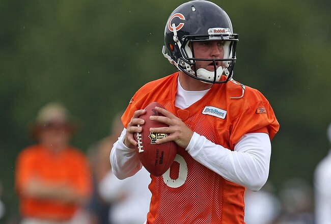 BOURBONNAIS, IL - JULY 30: Jay Culter #6 of the Chicago Bears looks for a receiver during a summer training camp practice at Olivet Nazarene University on July 30, 2010 in Bourbonnais, Illinois. (Photo by Jonathan Daniel/Getty Images)