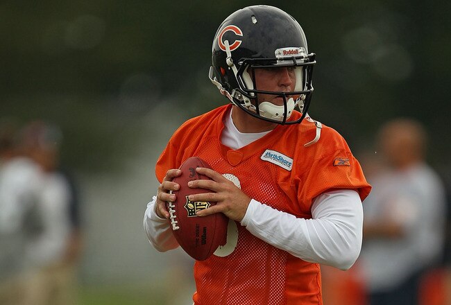 BOURBONNAIS, IL - JULY 30: Jay Culter #6 of the Chicago Bears looks for a receiver during a summer training camp practice at Olivet Nazarene University on July 30, 2010 in Bourbonnais, Illinois. (Photo by Jonathan Daniel/Getty Images)
