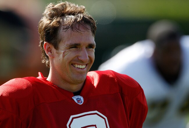 METAIRIE, LA - JULY 30:  Drew Brees #9 of the New Orleans Saints practice on the first day of Training Camp on July 30, 2010 in Metairie, Louisiana.  (Photo by Chris Graythen/Getty Images)