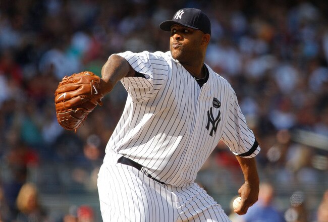 NEW YORK - AUGUST 07:  CC Sabathia #52 of the New York Yankees delivers a pitch in the second-inning against the Boston Red Sox on August 7, 2010 at Yankee Stadium in the Bronx borough of New York City.  (Photo by Mike Stobe/Getty Images)