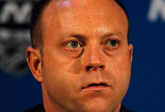 CHICAGO - MAY 27: General Manager Stan Bowman of the Chicago Blackhawks answers questions during Stanley Cup media day at the United Center on May 27, 2010 in Chicago, Illinois. (Photo by Jonathan Daniel/Getty Images)