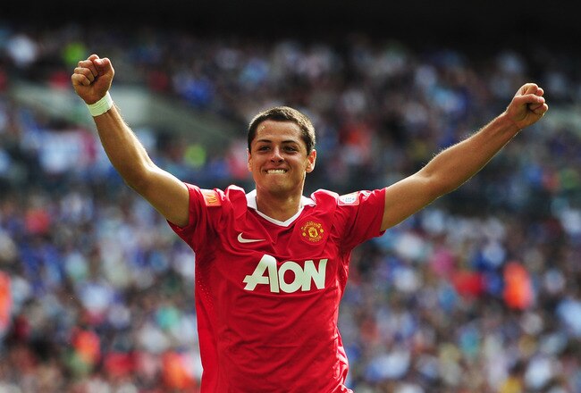 LONDON, ENGLAND - AUGUST 08:  Javier Hernandez of Manchester United celebrates as he scores their second goal during the FA Community Shield match between Chelsea and Manchester United at Wembley Stadium on August 8, 2010 in London, England.  (Photo by Laurence Griffiths/Getty Images)