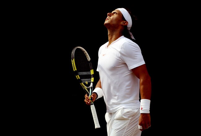 LONDON, ENGLAND - JULY 04:  Rafael Nadal of Spain reacts during the Men's Singles Final match against Tomas Berdych of Czech Republic on Day Thirteen of the Wimbledon Lawn Tennis Championships at the All England Lawn Tennis and Croquet Club on July 4, 2010 in London, England.  (Photo by Clive Brunskill/Getty Images)