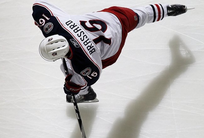 NEWARK, NJ - MARCH 23:  Derick Brassard #16 of the Columbus Blue Jackets warms up before playing against the New Jersey Devils at the Prudential Center on March 23, 2010 in Newark, New Jersey.  (Photo by Jim McIsaac/Getty Images)