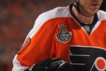 PHILADELPHIA - JUNE 02:  The Stanley Cup Final logo is seen on the uniform of Chris Pronger #20 of the Philadelphia Flyer in Game Three of the 2010 NHL Stanley Cup Final against the Chicago Blackhawks at Wachovia Center on June 2, 2010 in Philadelphia, Pennsylvania.  (Photo by Bruce Bennett/Getty Images)
