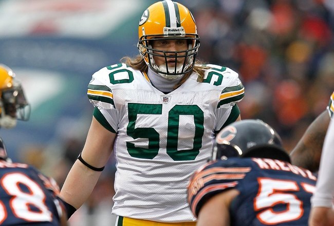 CHICAGO - DECEMBER 13: A.J. Hawk #50 of the Green Bay Packers awaits the start of play against the Chicago Bears at Soldier Field on December 13, 2009 in Chicago, Illinois. The Packers defeated the Bears 21-14. (Photo by Jonathan Daniel/Getty Images)
