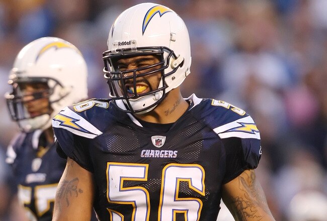 SAN DIEGO - AUGUST 09:   Shawne Merriman #56 of the San Diego Chargers reacts during a pre-season game against the Dallas Cowboys at Qualcomm Stadium on August 9, 2008 in San Diego, California.  (Photo by Lisa Blumenfeld/Getty Images)