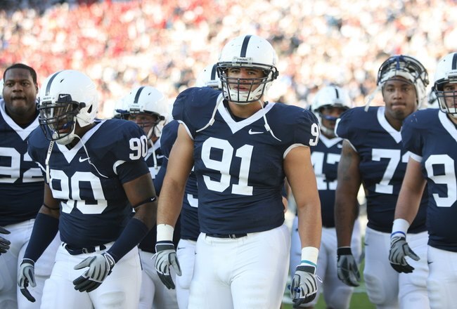 STATE COLLEGE, PA - NOVEMBER 7: Defensive tackle Jared Odrick #91 of the Penn State Nittany Lions walks off the field after warm-ups  before a game against the Ohio State Buckeyes on November 7, 2009 at Beaver Stadium in State College, Pennsylvania. Ohio State won 24-7. (Photo by Hunter Martin/Getty Images)