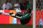 BRIDGEVIEW, IL - AUGUST 08: Sean Johnson #25 of the Chicago Fire dives to make a save against the New York Red Bulls in an MLS match on August 8, 2010 at Toyota Park in Bridgeview, Illinois. The Fire and the Red Bulls tied 0-0. (Photo by Jonathan Daniel/Getty Images)