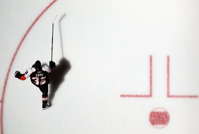 UNIONDALE, NY - APRIL 01:  Riley Cote #32 of the Philadelphia Flyers warms up before playing against the New York Islanders on April 1, 2010 at Nassau Coliseum in Uniondale, New York.  (Photo by Jim McIsaac/Getty Images)