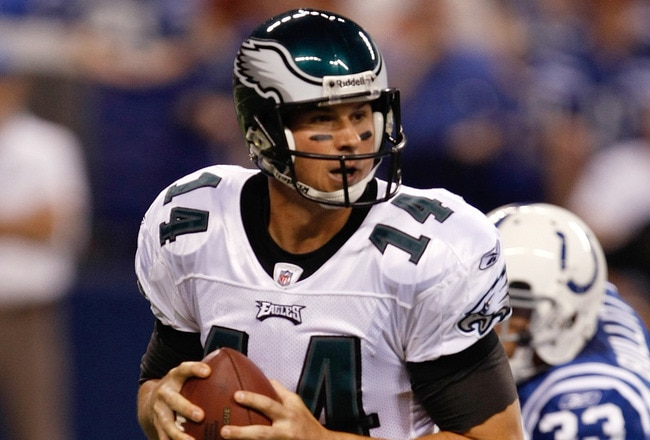 INDIANAPOLIS, IN - AUGUST 20: Quarterback A.J. Feeley #14 of the Philadelphia Eagles drops back to pass the football against the Indianapolis Colts at Lucas Oil Stadium on August 20, 2009 in Indianapolis, Indiana. (Photo by Scott Boehm/Getty Images)