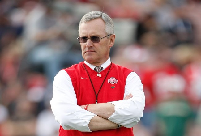 PASADENA, CA - JANUARY 01:  Head coach Jim Tressel of the Ohio State Buckeyes is seen during the 96th Rose Bowl game against the Oregon Ducks on January 1, 2010 in Pasadena, California.  (Photo by Jeff Gross/Getty Images)
