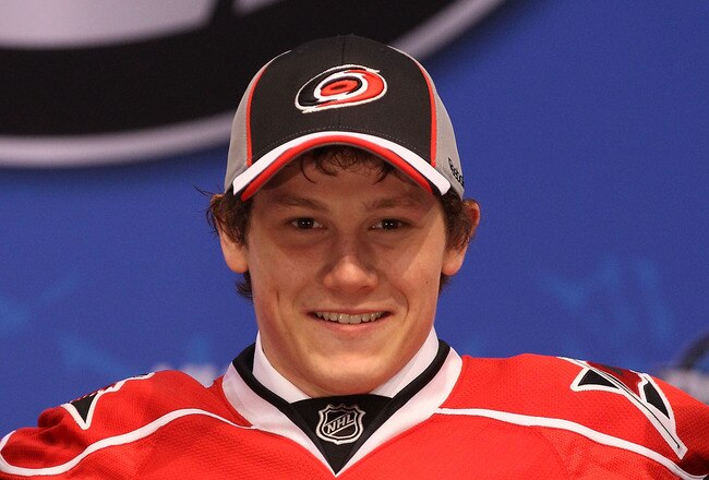 LOS ANGELES, CA - JUNE 25:  Jeff Skinner, drafted seventh overall by the Carolina Hurricanes, poses on stage during the 2010 NHL Entry Draft at Staples Center on June 25, 2010 in Los Angeles, California.  (Photo by Bruce Bennett/Getty Images)