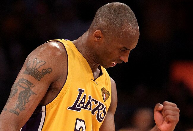 LOS ANGELES, CA - JUNE 17:  Kobe Bryant #24 of the Los Angeles Lakers celebrates in the final moments of the Lakers victory over the Boston Celtics in Game Seven of the 2010 NBA Finals at Staples Center on June 17, 2010 in Los Angeles, California.  NOTE TO USER: User expressly acknowledges and agrees that, by downloading and/or using this Photograph, user is consenting to the terms and conditions of the Getty Images License Agreement.  (Photo by Christian Petersen/Getty Images)