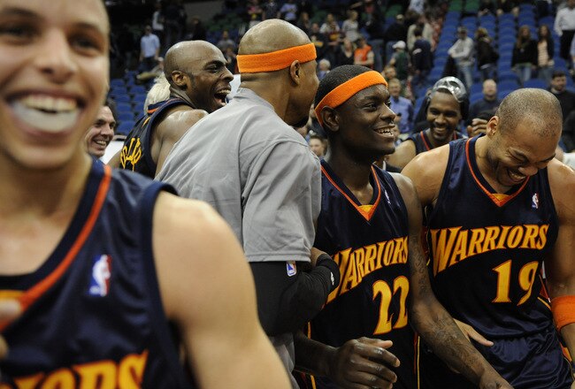MINNEAPOLIS, MN - APRIL 7: (L-R) Stephen Curry #30, Anthony Tolliver #44, Corey Maggette #50, Anthony Morrow #22, Chris Hunter #31 and Devean George #19 of the Golden State Warriors celebrate a win against the Minnesota Timberwolves following a basketball game at Target Center on April 7, 2010 in Minneapolis, Minnesota. The Warriors defeated the Timberwolves 116 to 107. NOTE TO USER: User expressly acknowledges and agrees that, by downloading and or using this Photograph, user is consenting to the terms and conditions of the Getty Images License Agreement.  (Photo by Hannah Foslien /Getty Images)